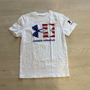 Under Armour White Tee with Red & Blue Flag Logo